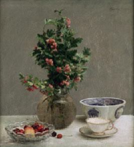 Henri Fantin-Latour Still Life with Vase of Hawthorn, Bowl of Cherries, Japanese Bowl, and Cup and Saucer oil painting picture